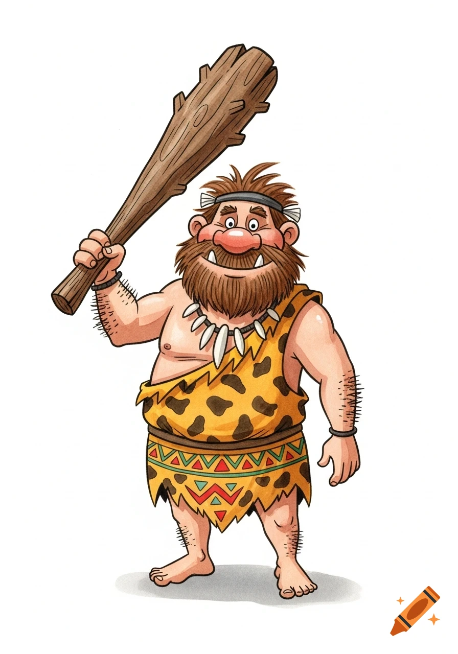 A cheerful cartoon caveman with a beard, wearing a leopard-print loincloth and bone necklace, holding a wooden club. Watercolor illustration.