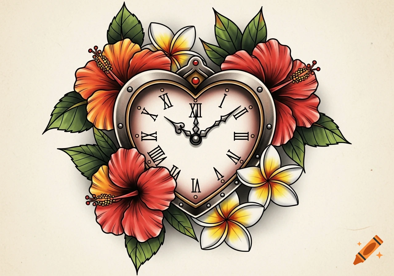 An American traditional tattoo illustration of a heart-shaped clock surrounded by red hibiscus and yellow and white plumeria flowers.