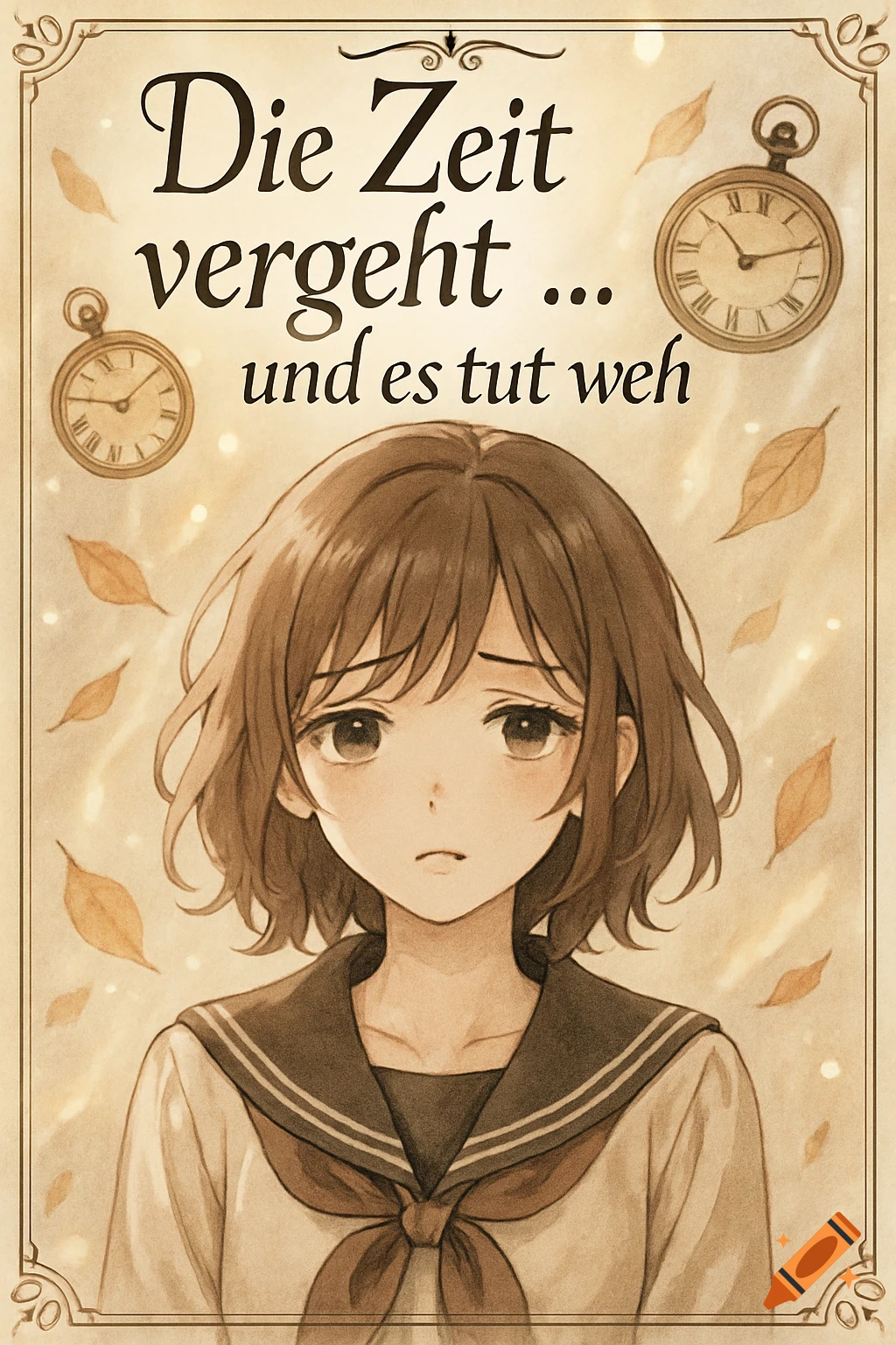Anime cover with a sad girl, floating pocket watches, and autumn leaves, featuring the German text 'Die Zeit vergeht … und es tut weh.'