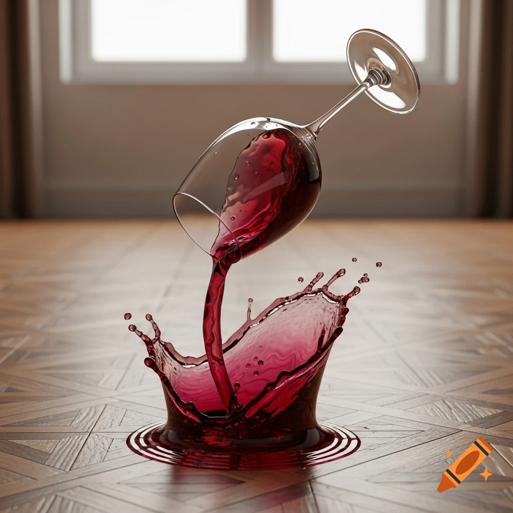 Photorealistic image of a wine glass spilling red wine onto a patterned wooden floor, creating a dynamic splash.
