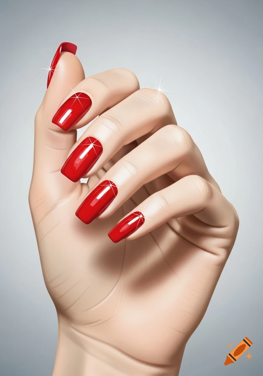 Close-up of a stylized hand with long, rectangular red nails, featuring subtle sparkle effects.
