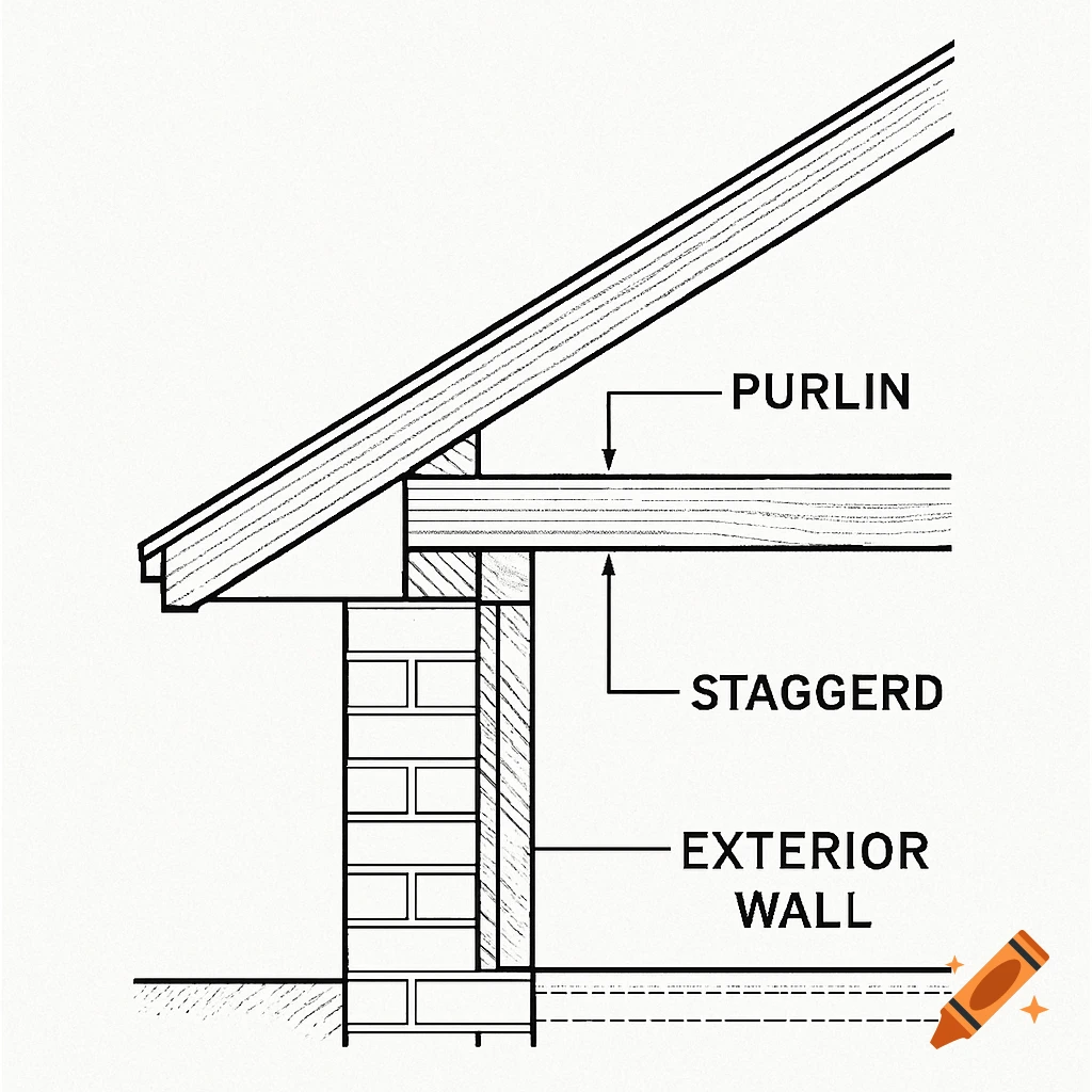 Technical line drawing showing a cross-section of a building with a roof, purlin, and an exterior brick wall labeled.