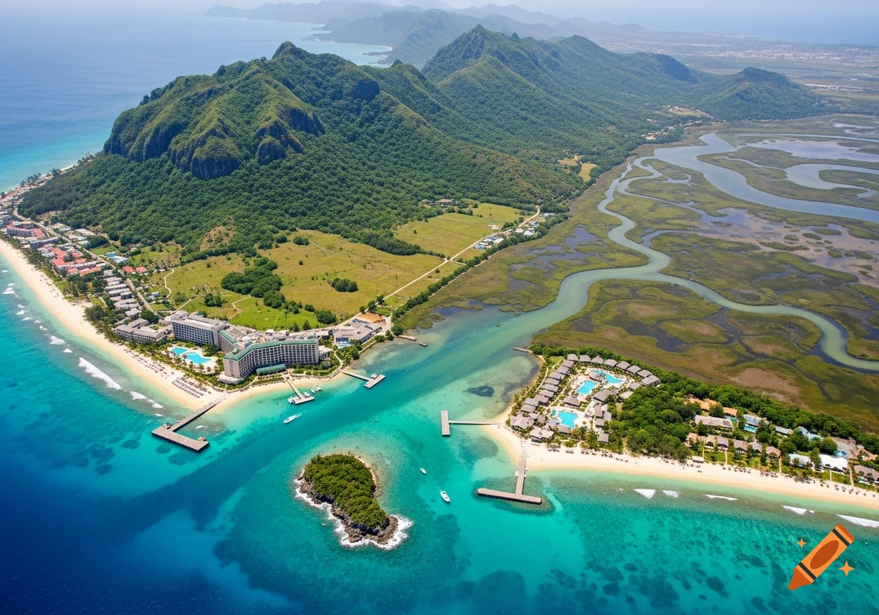 Photorealistic aerial view of a tropical island with resorts along a sandy beach, turquoise waters, green mountains, and a winding river.