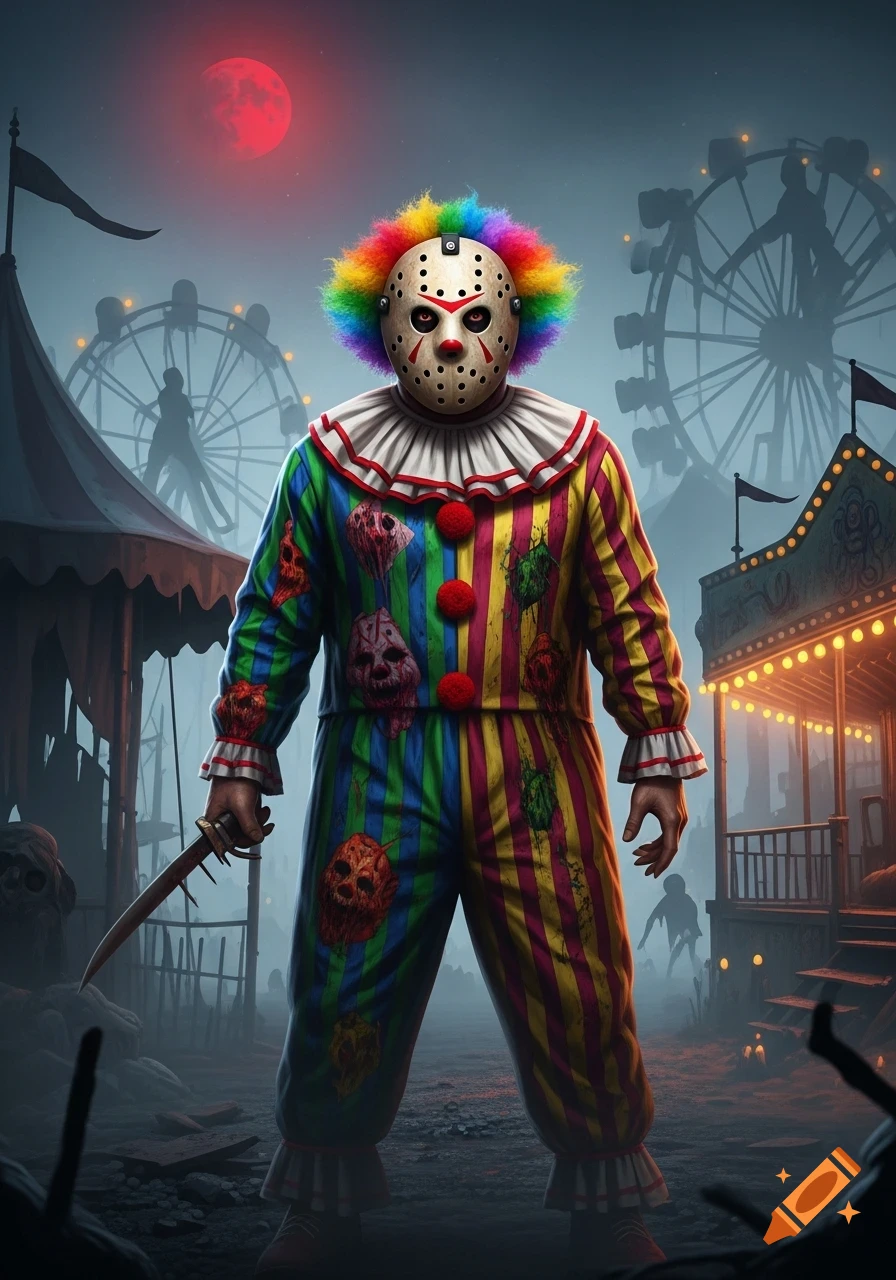 A horror clown with a rainbow wig and Jason Voorhees mask, wearing a colorful, gruesome suit, holds a knife in a dark carnival under a red moon.