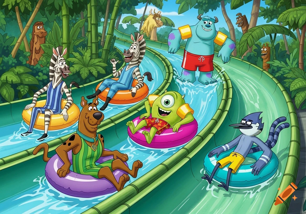Cartoon characters Scooby Doo, Marty, Sully, Mike Wazowski, and Mordecai ride inner tubes down a bamboo waterslide in a jungle.