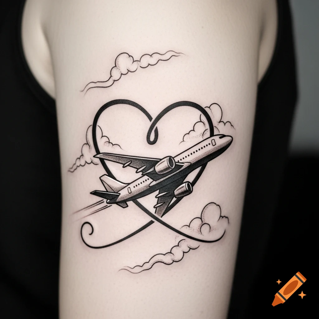 Black ink tattoo on an arm featuring a stylized airplane flying through a cursive heart with clouds.