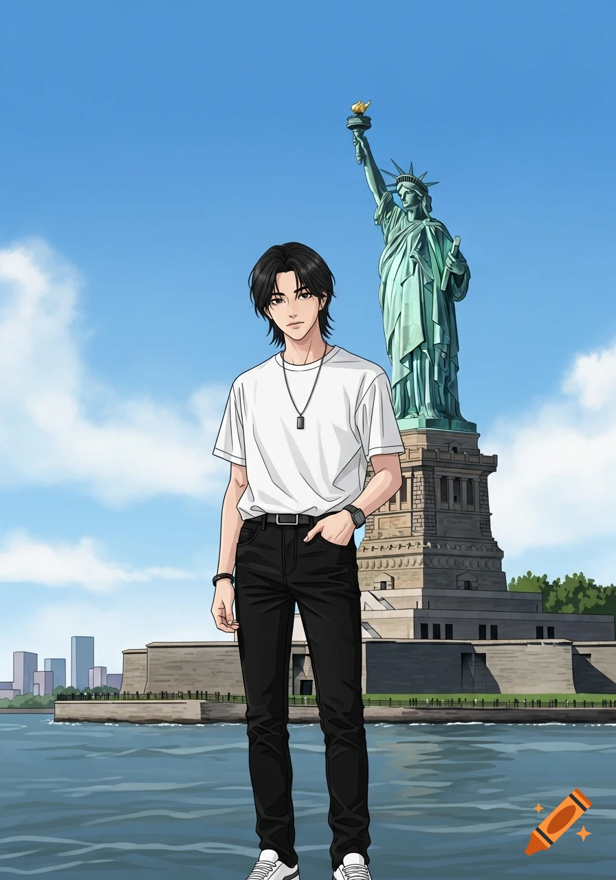 A full-body anime man with black hair, white t-shirt, and black jeans stands in front of the Statue of Liberty.