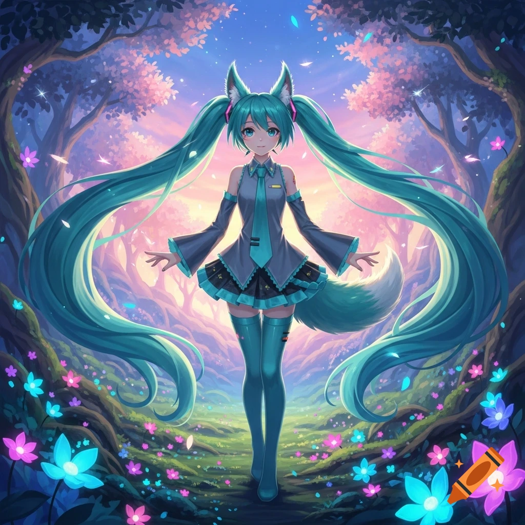 Anime girl with teal pigtails, fox ears and tail wearing a uniform, standing in a magical forest with glowing flowers.