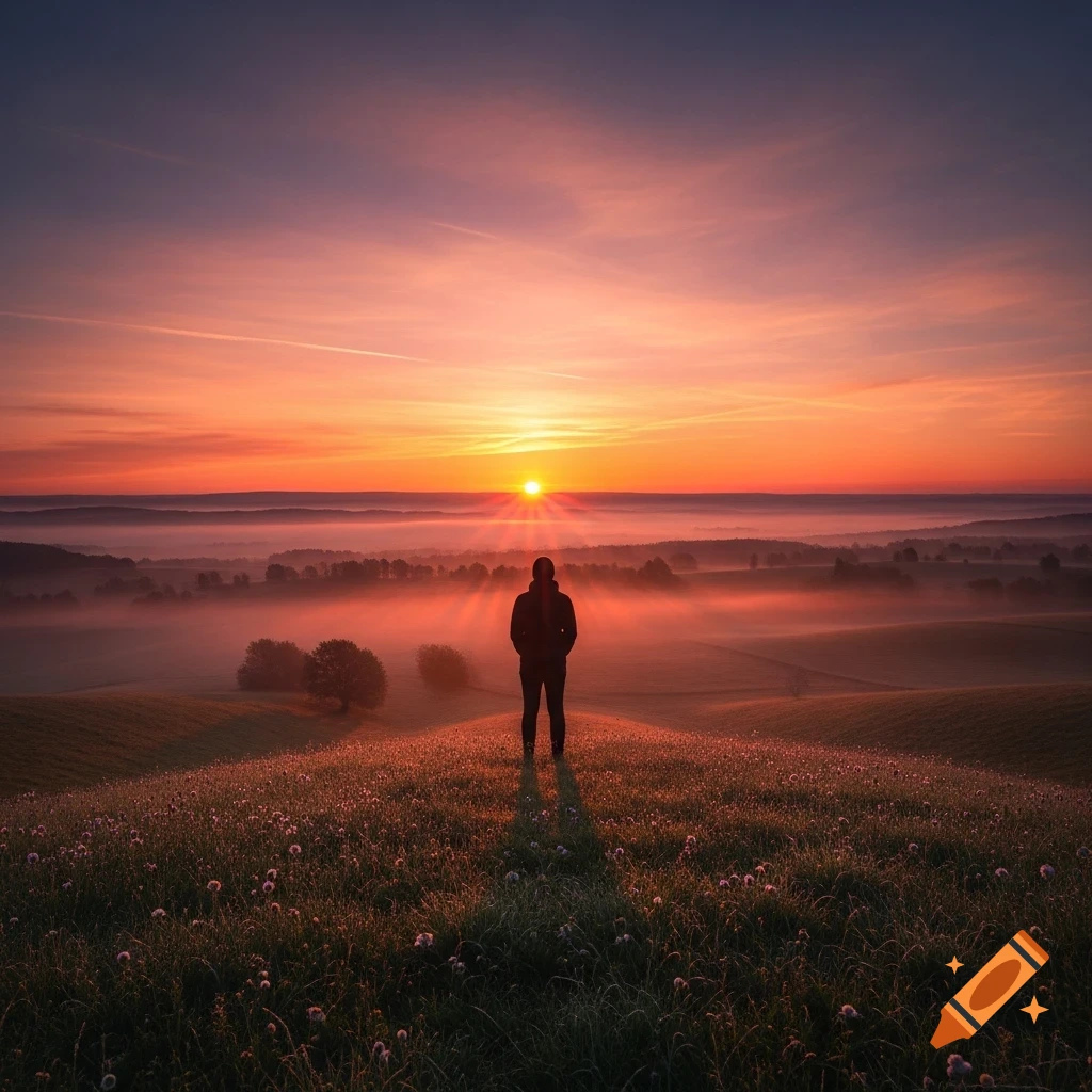 A person stands on a grassy hill, silhouetted against a vibrant orange and purple sunrise over a misty valley.