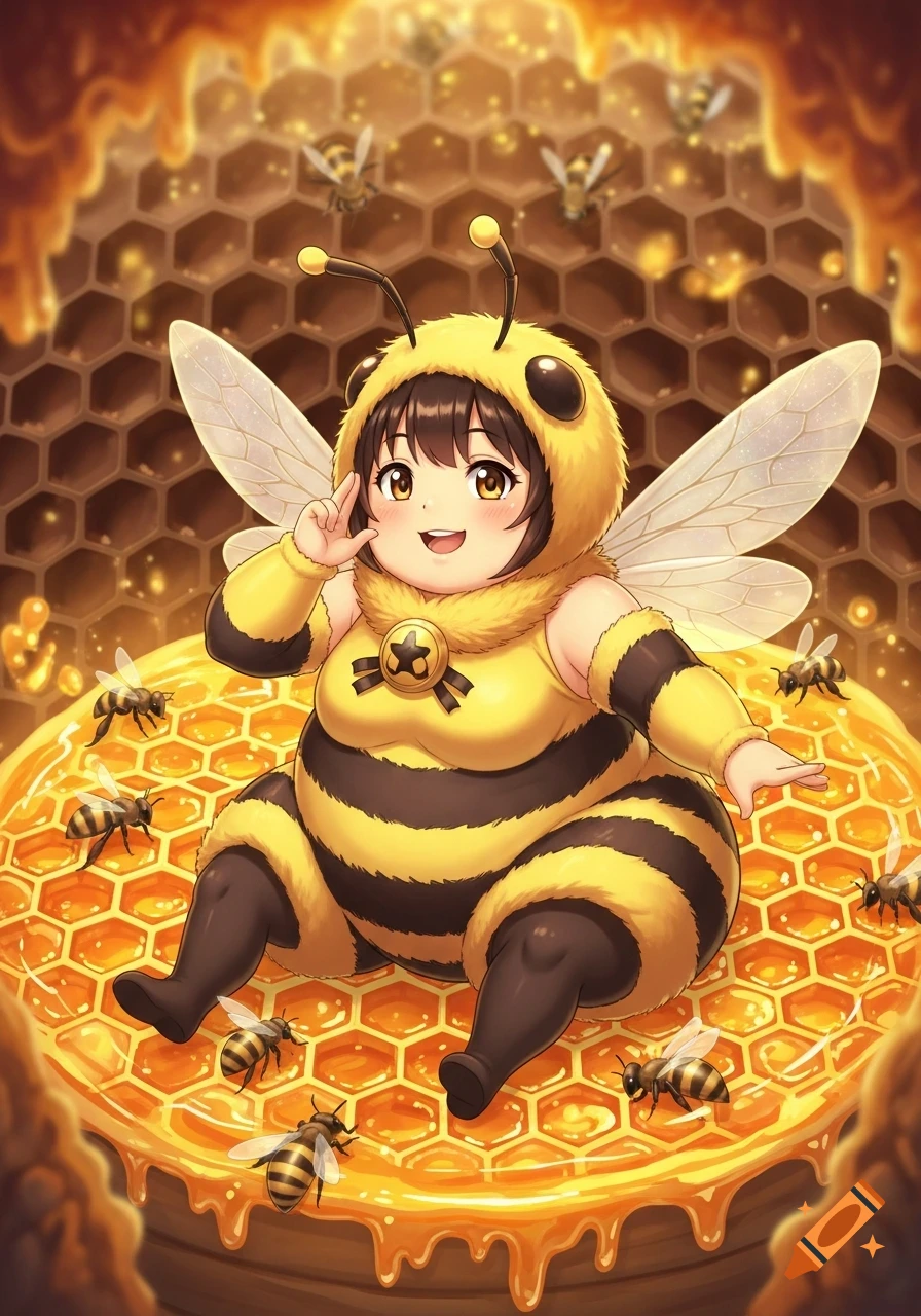 Chubby anime girl in a bee costume sits on a honey-drenched honeycomb, surrounded by bees, in a vibrant hive.