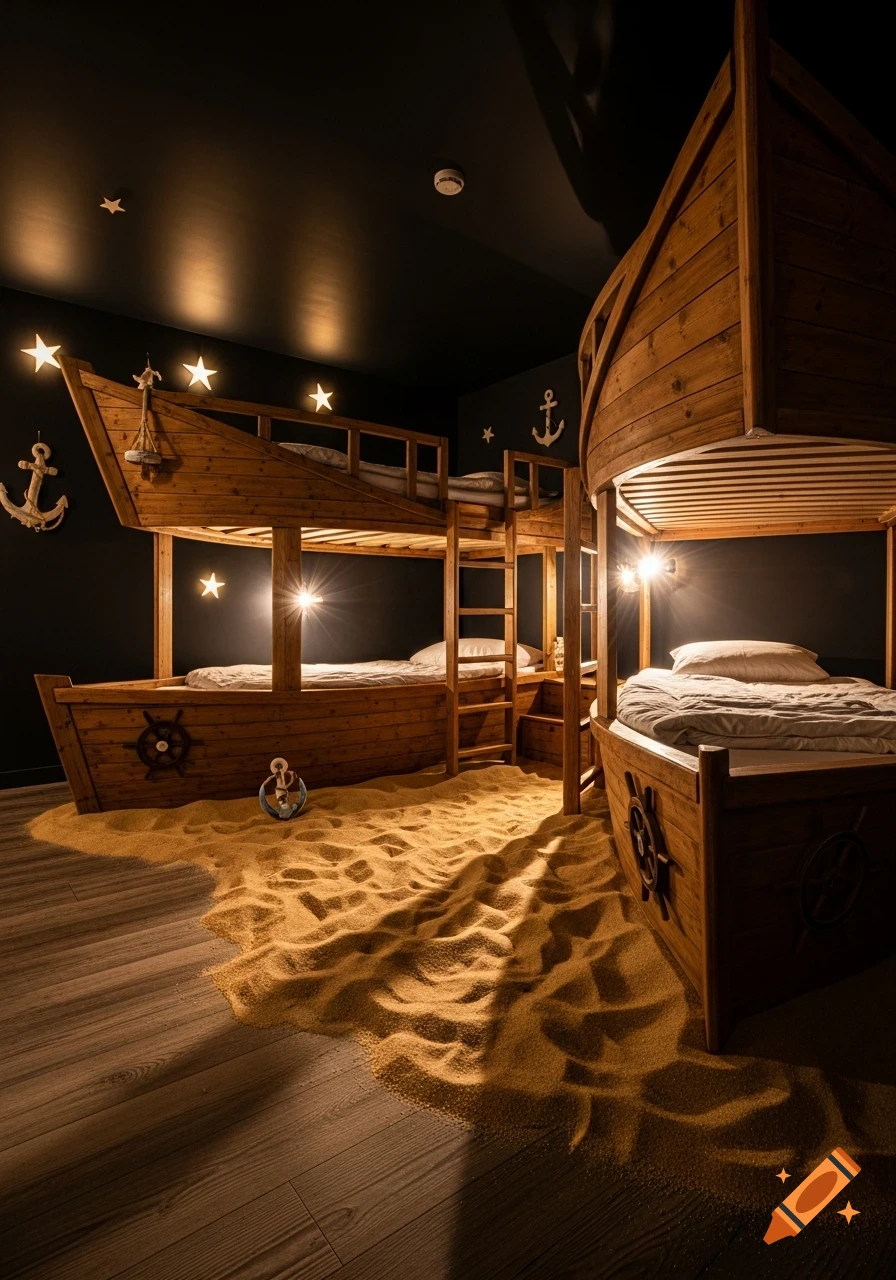 A nautical-themed children's bedroom with wooden boat-shaped bunk beds, sand on the floor, and star lights on dark walls.