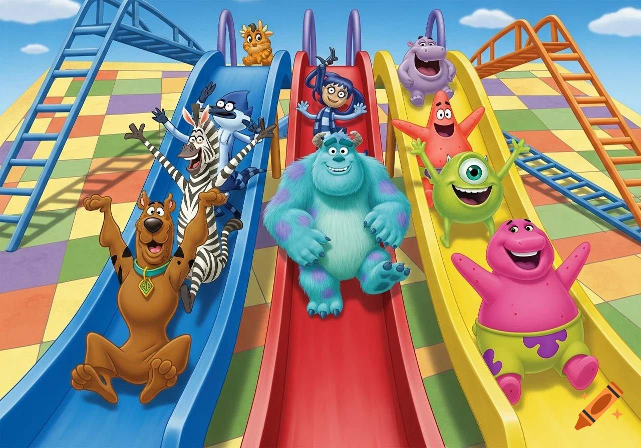 Cartoon characters including Scooby Doo, Marty the zebra, Mordecai, Sully, Barney, Patrick Star, and Gloria the hippo happily slide down colorful slides on a chutes and ladders board game patterned background.