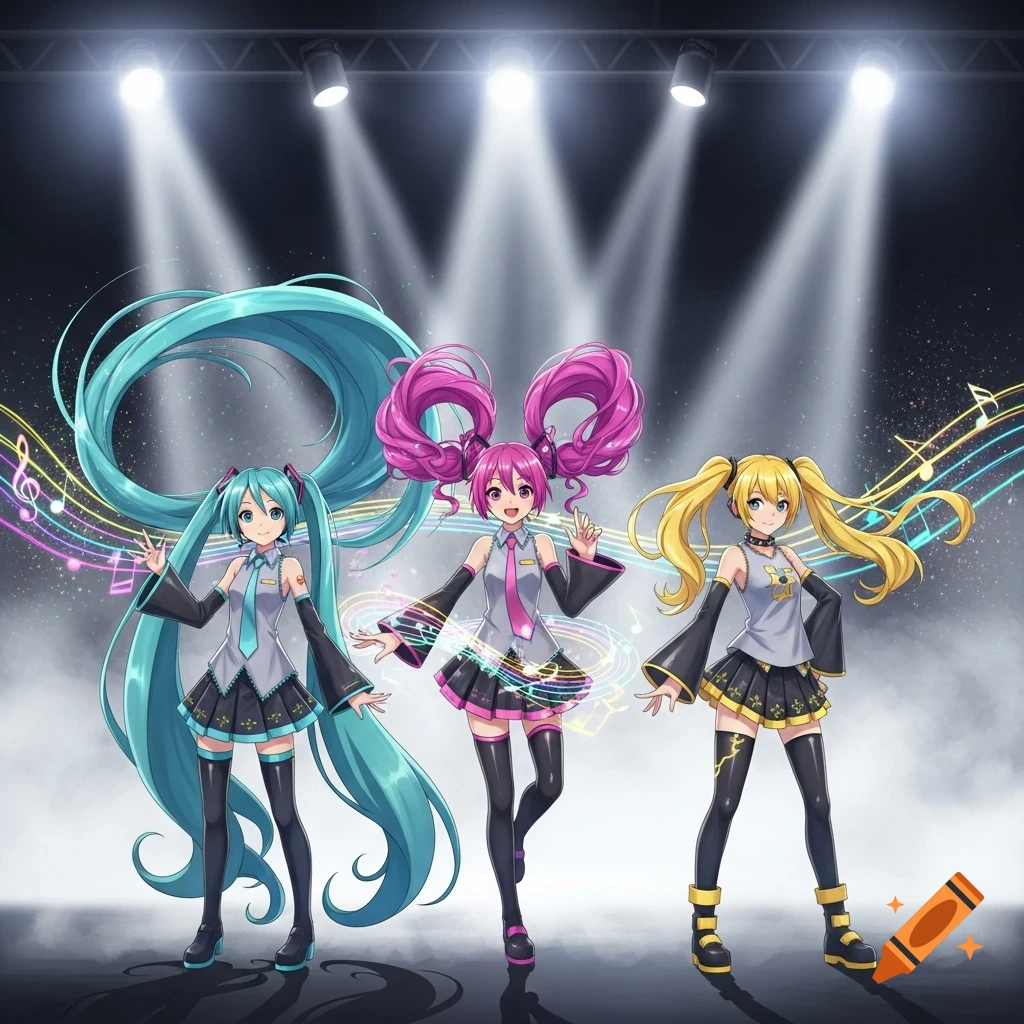 Three anime girls with long blue, pink, and blonde pigtails in idol outfits pose on a stage with spotlights and musical notes.