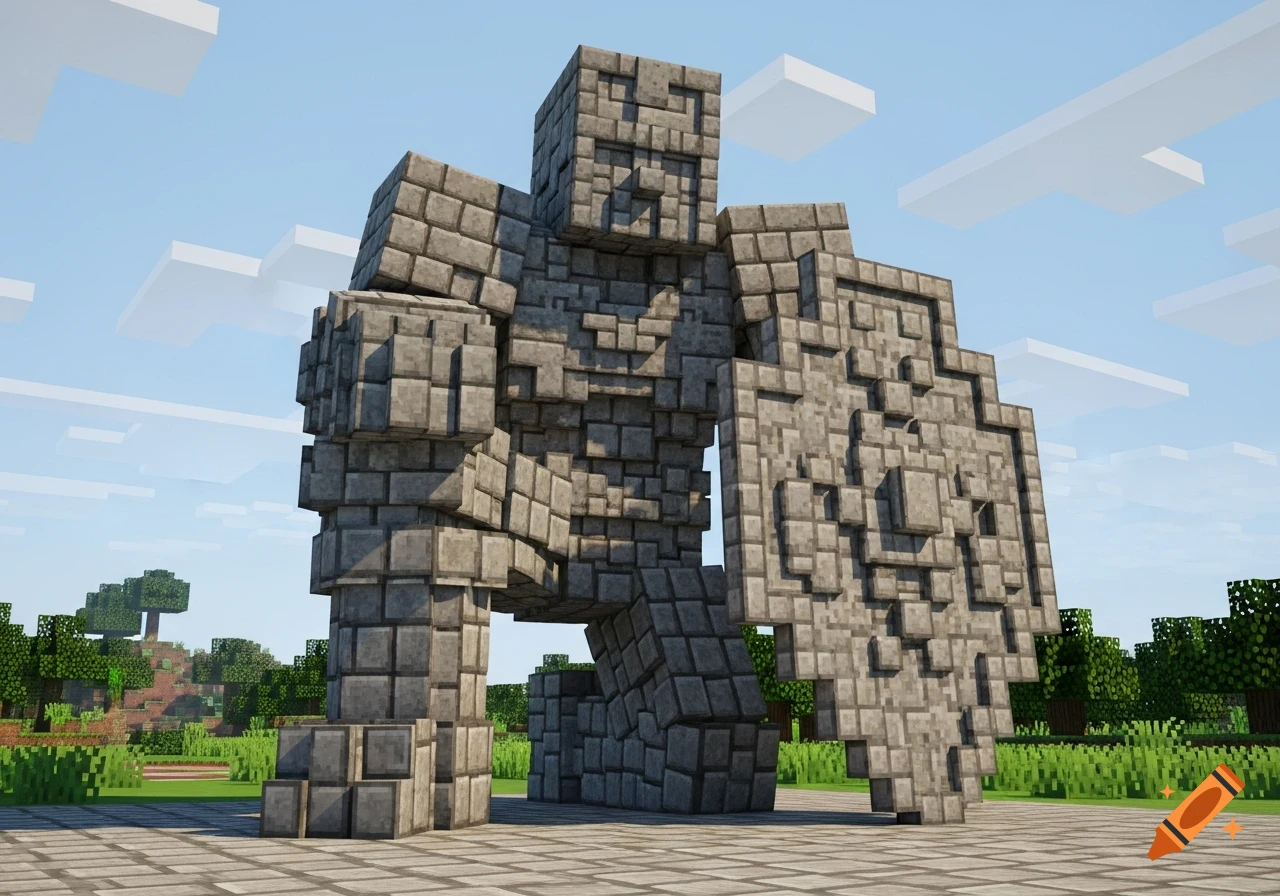 A large, blocky Minecraft-style stone warrior statue kneels, holding a shield, in a grassy landscape under a blue sky.
