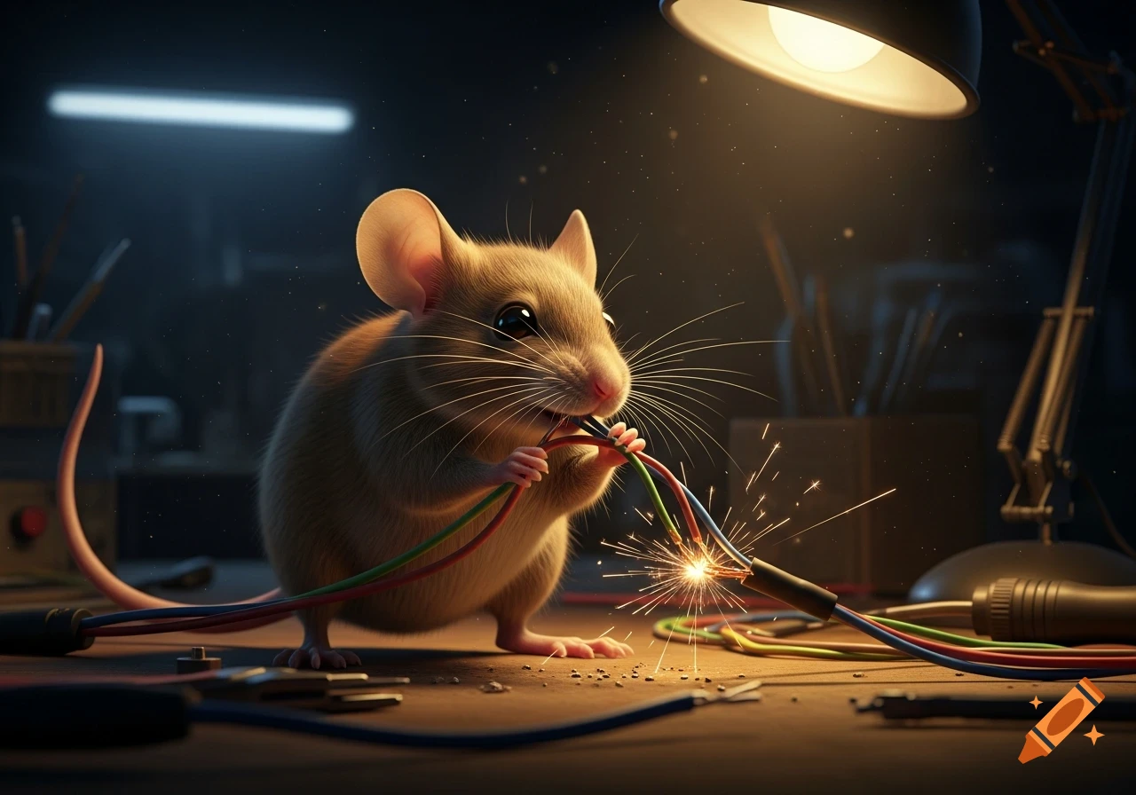 A photorealistic mouse chews through colorful electrical wires on a workbench, causing bright sparks under a desk lamp.