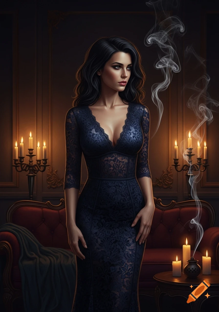 A woman in a low-cut navy blue lace dress stands in a dimly lit, elegant room with candles and smoke.