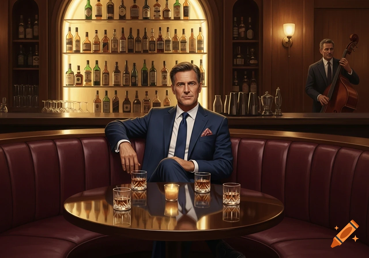 A man in a blue suit sits in a red leather bar booth with drinks on a table, a bar with bottles behind him, and a musician playing a double bass.