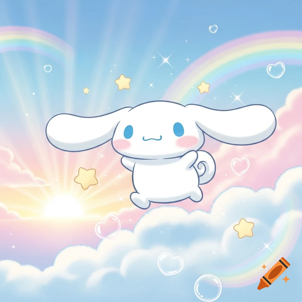 A cute white Cinnamoroll character floats in a dreamy cartoon sky with clouds, rainbows, stars, and bubbles, bathed in sunset glow.