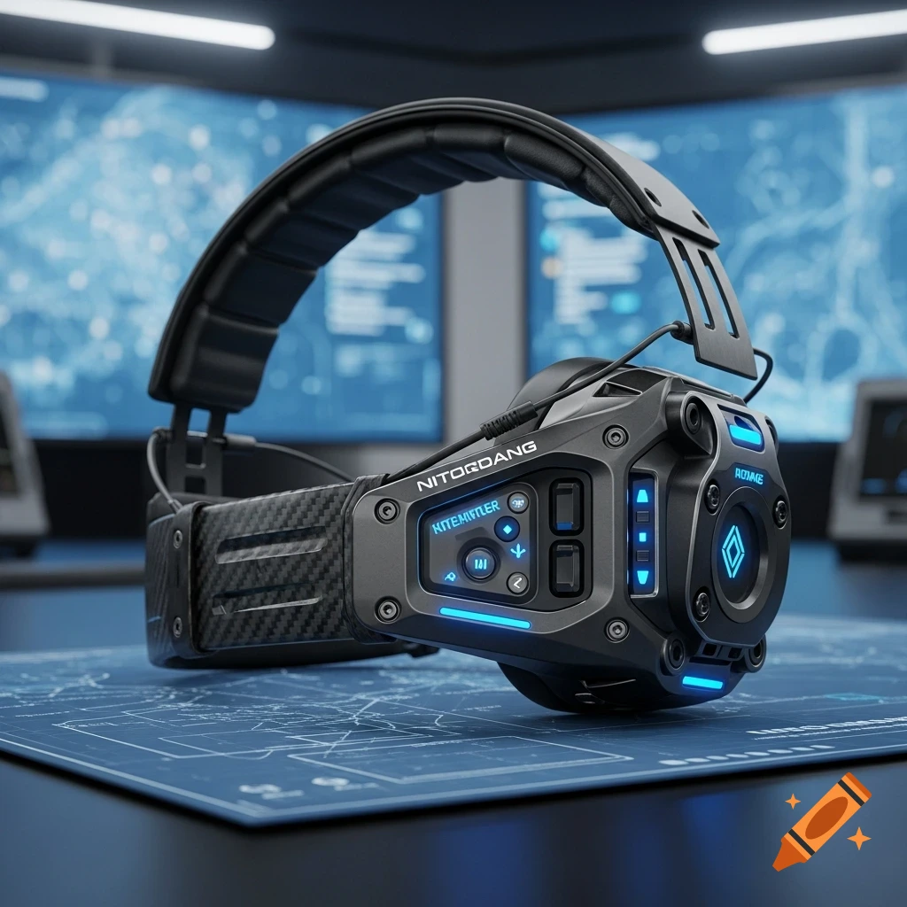 Close-up of a futuristic tactical military headset with glowing blue lights and carbon fiber details, on a desk with a blueprint.