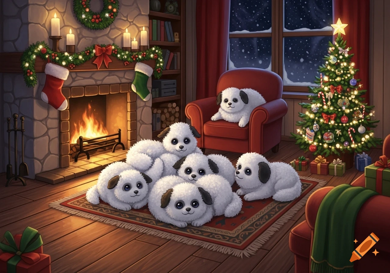 Cartoon illustration of many fluffy white poros in a cozy Christmas living room with a fireplace and a decorated tree.