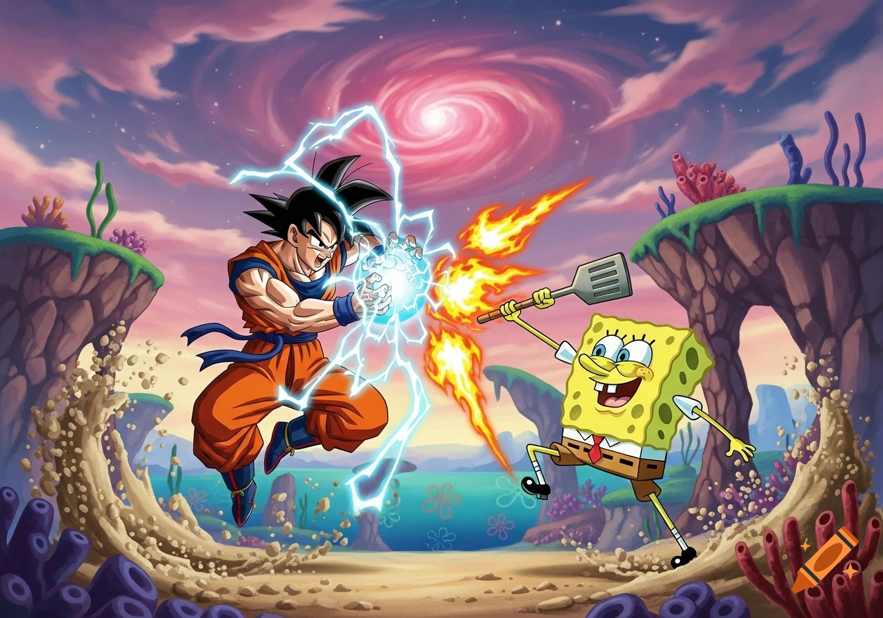 Goku, charging a blue energy ball with lightning, faces SpongeBob who wields a flaming spatula, in a vibrant, stylized landscape.