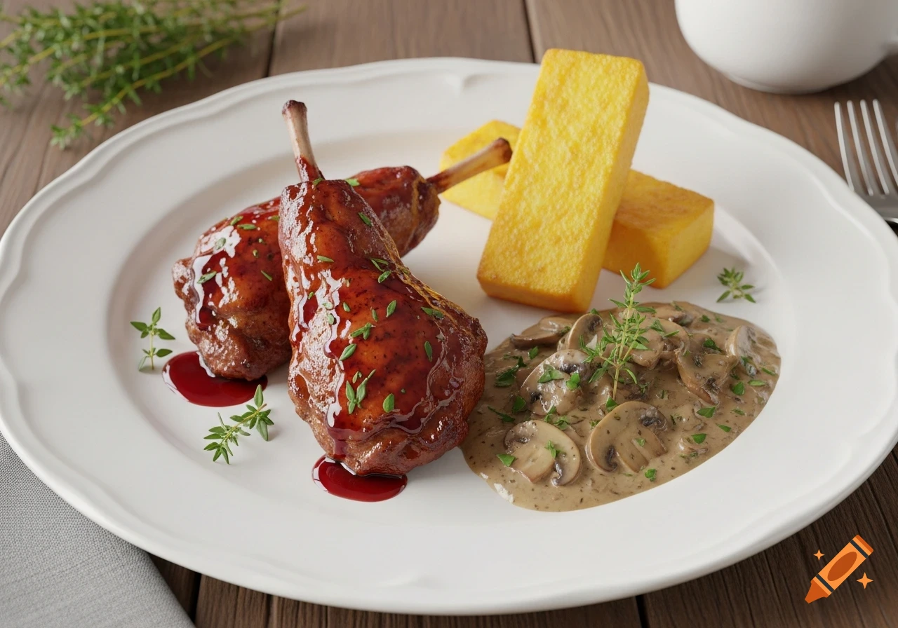 Photorealistic image of two glazed rabbit leg pieces with bones, polenta fries, mushroom sauce, and herbs on a white plate.