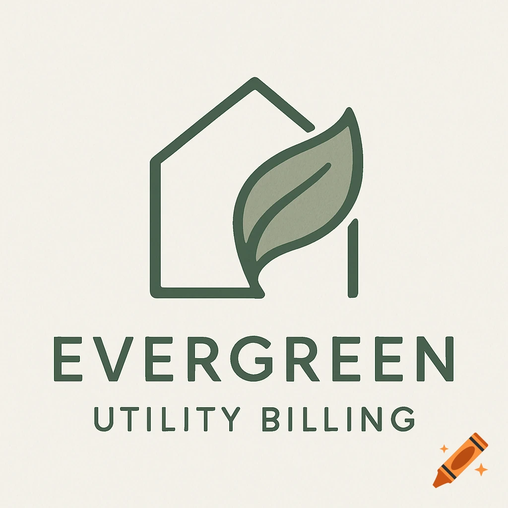 Minimalist logo featuring a house outline and a green leaf, with the text 'EVERGREEN UTILITY BILLING'.