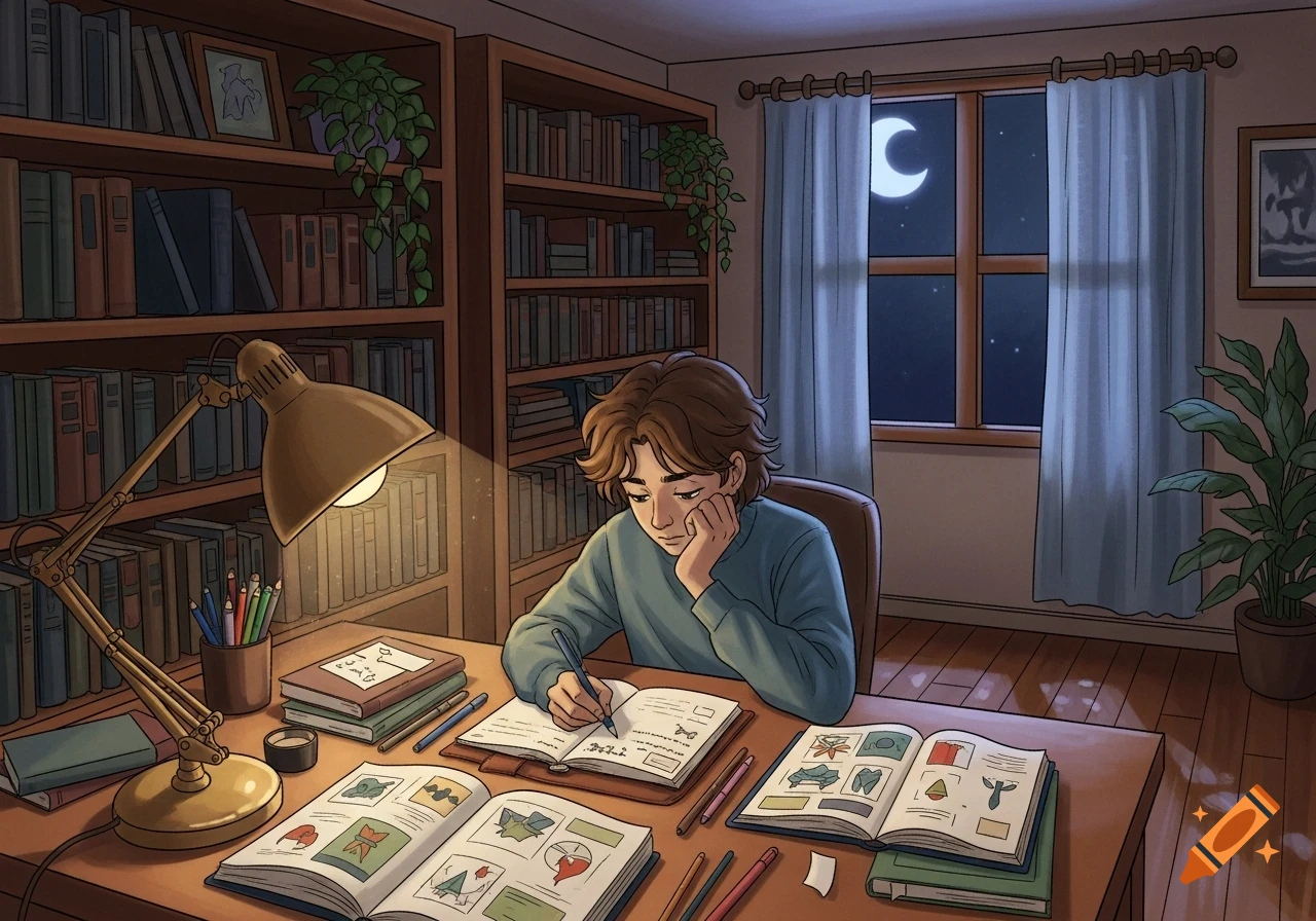 Illustrated scene of a student studying at a wooden desk under a warm lamp at night, surrounded by books, with a crescent moon outside the window.