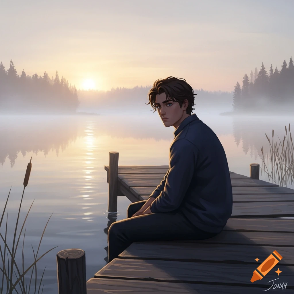 A digital painting of a man sitting on a wooden dock overlooking a misty lake at sunrise, with a forest in the background.