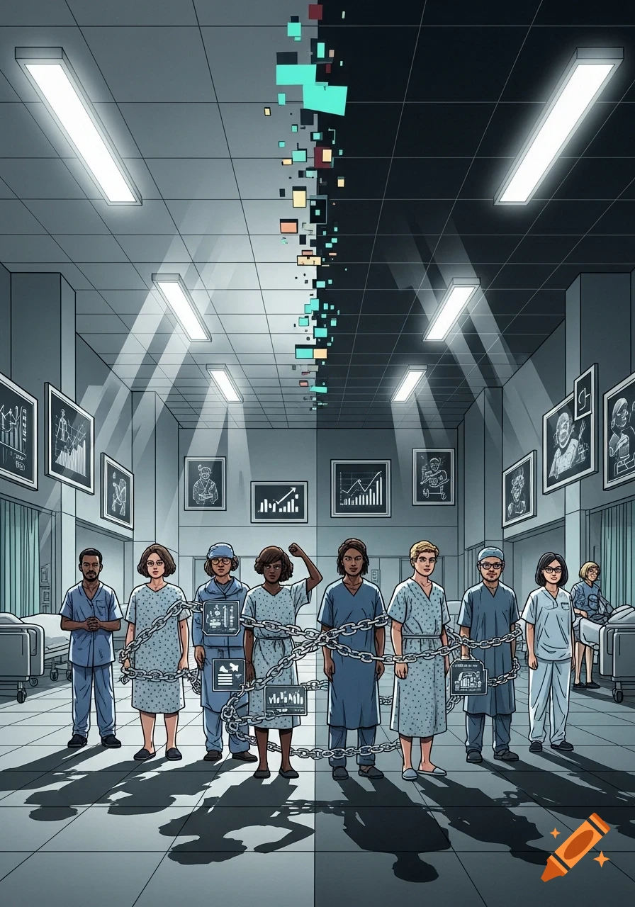 Comic art of people, some medical staff, some patients, chained in a hospital hallway. Digital squares rise, splitting the ceiling.