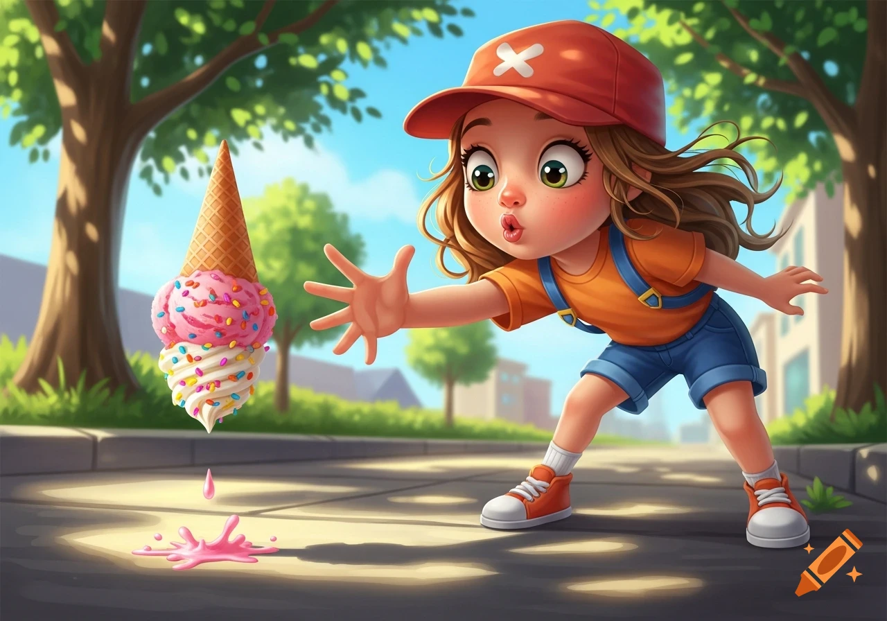 A cartoon girl with wide eyes and a red cap reaches out as her melting pink and white ice cream cone drops onto the sunny pavement.