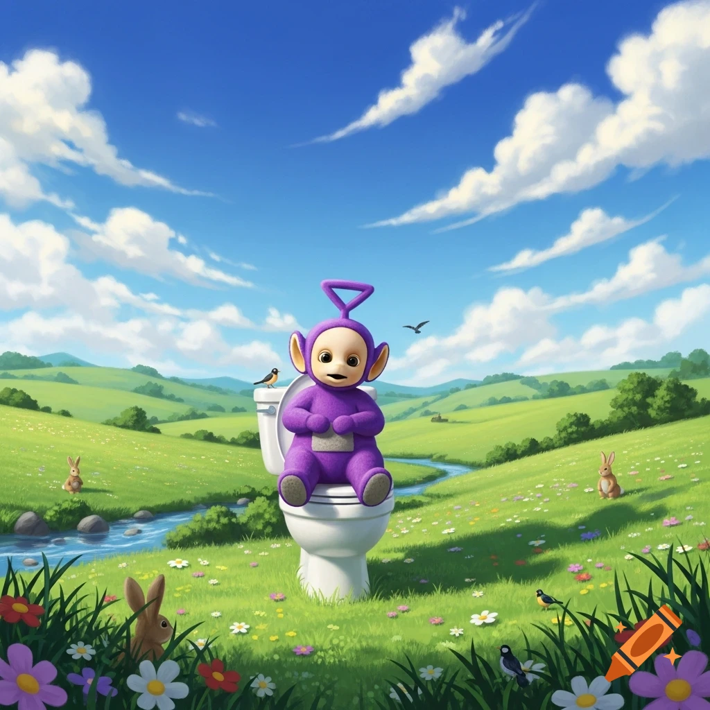 A purple Teletubbie sits on a toilet in a lush, cartoonish green landscape with a stream, flowers, bunnies, and birds.