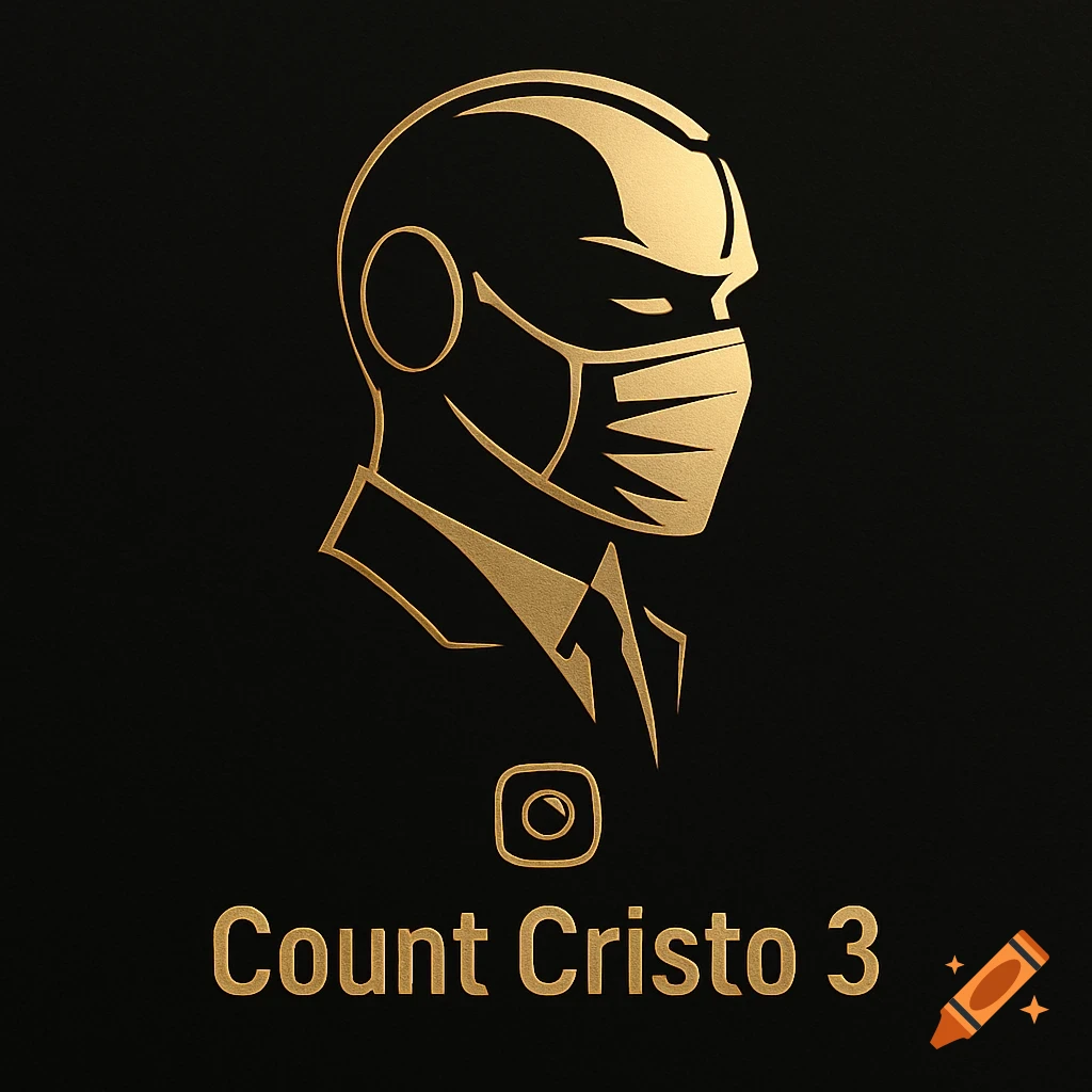 Gold minimalist logo of a futuristic character wearing a mask, with an Instagram icon and 'Count Cristo 3' text below on a black background.