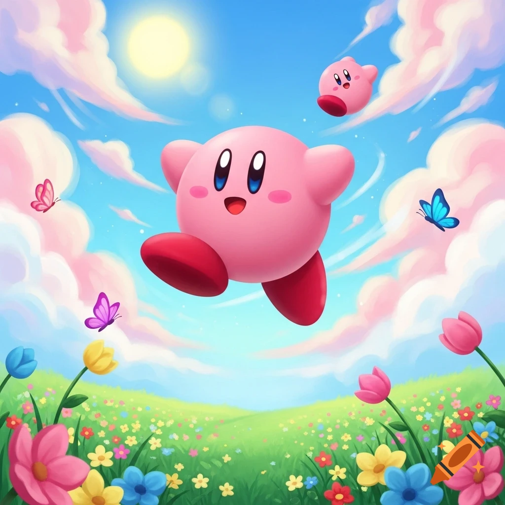 A large, smiling pink Kirby flies above a field of colorful flowers under a sunny blue sky with pink clouds, a smaller Kirby and butterflies nearby. Cartoon style.