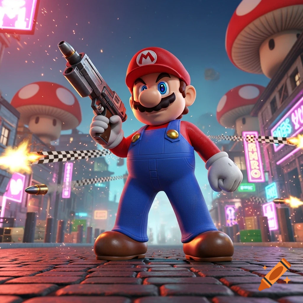 Mario holds a large gun, firing bullets in a stylized street scene with neon signs and mushroom buildings.