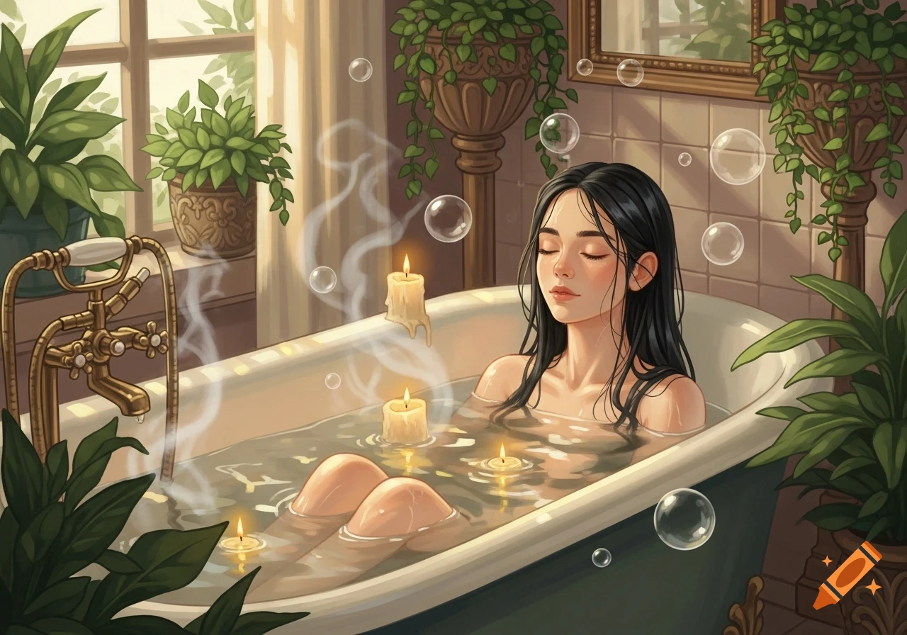 A woman with black hair relaxes in a candlelit bathtub surrounded by lush green plants, in a digital art style.