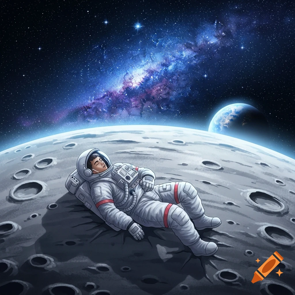 An astronaut sleeps peacefully on the cratered moon surface, with Earth and a colorful galaxy in the dark, starry sky.