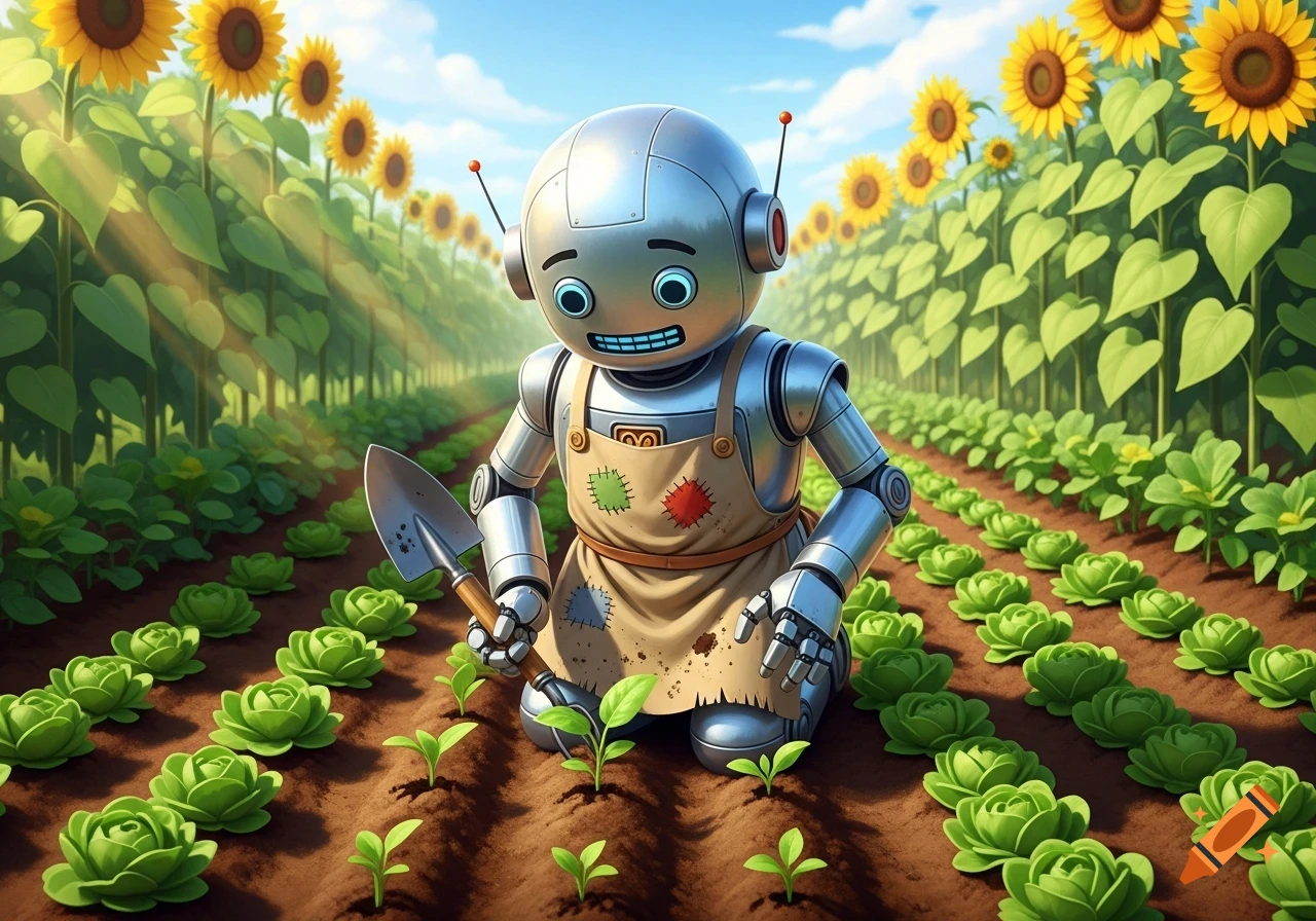 A cute robot gardener in an apron with a spade, planting sprouts among rows of lettuce and sunflowers. Digital art.