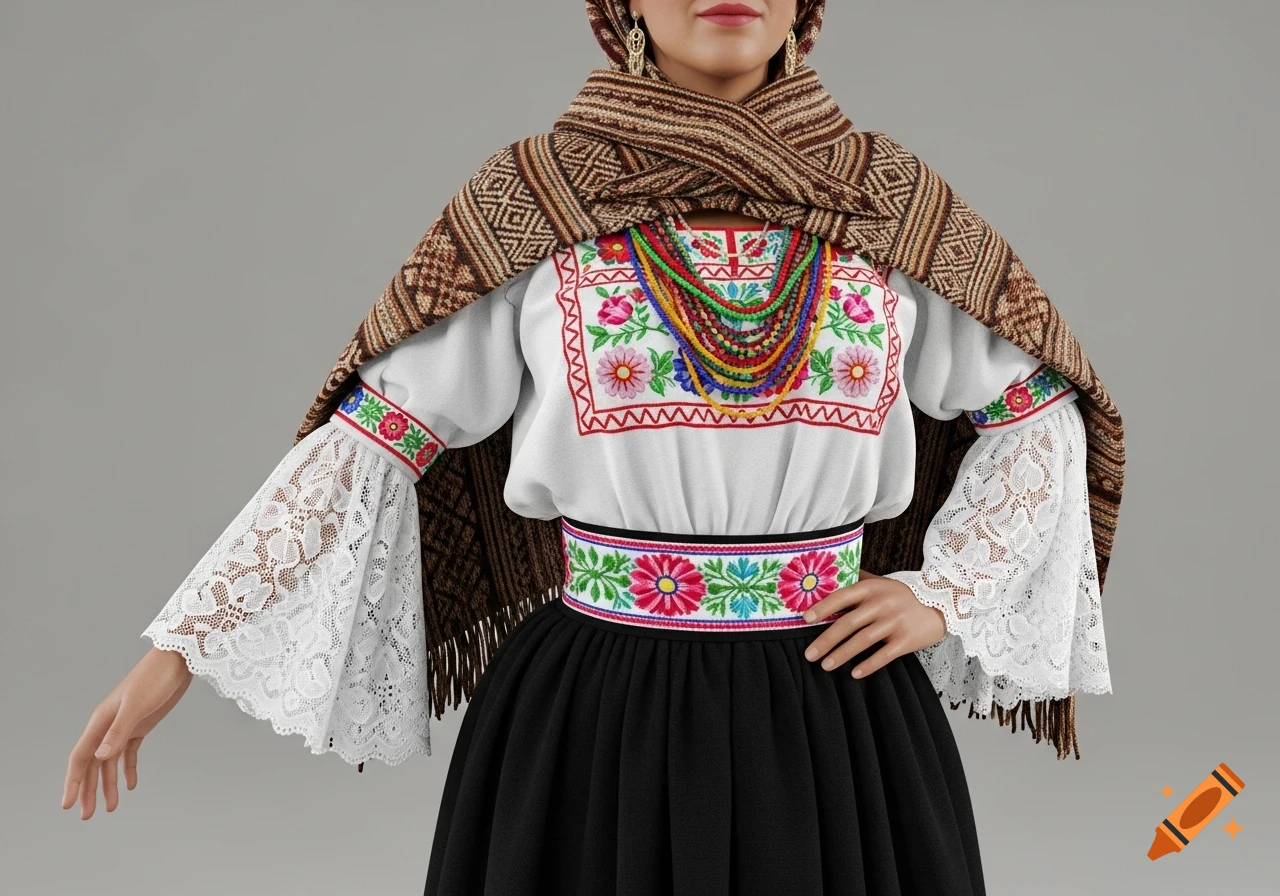 A woman in traditional Ecuadorian Otavalo attire: a white embroidered blouse with lace sleeves, a black skirt, and a patterned brown shawl.