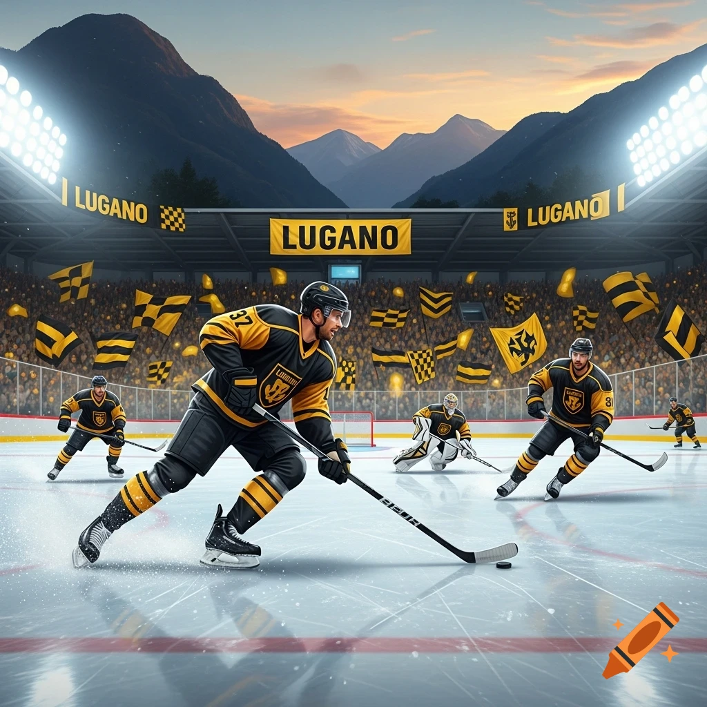 A vibrant, photorealistic image of a hockey game in a packed stadium with mountains in the background, featuring players in black and yellow uniforms and "LUGANO" banners.