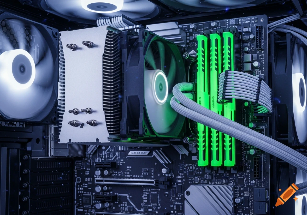 Close-up of computer internals with illuminated fans, green RAM modules, and a large CPU cooler.