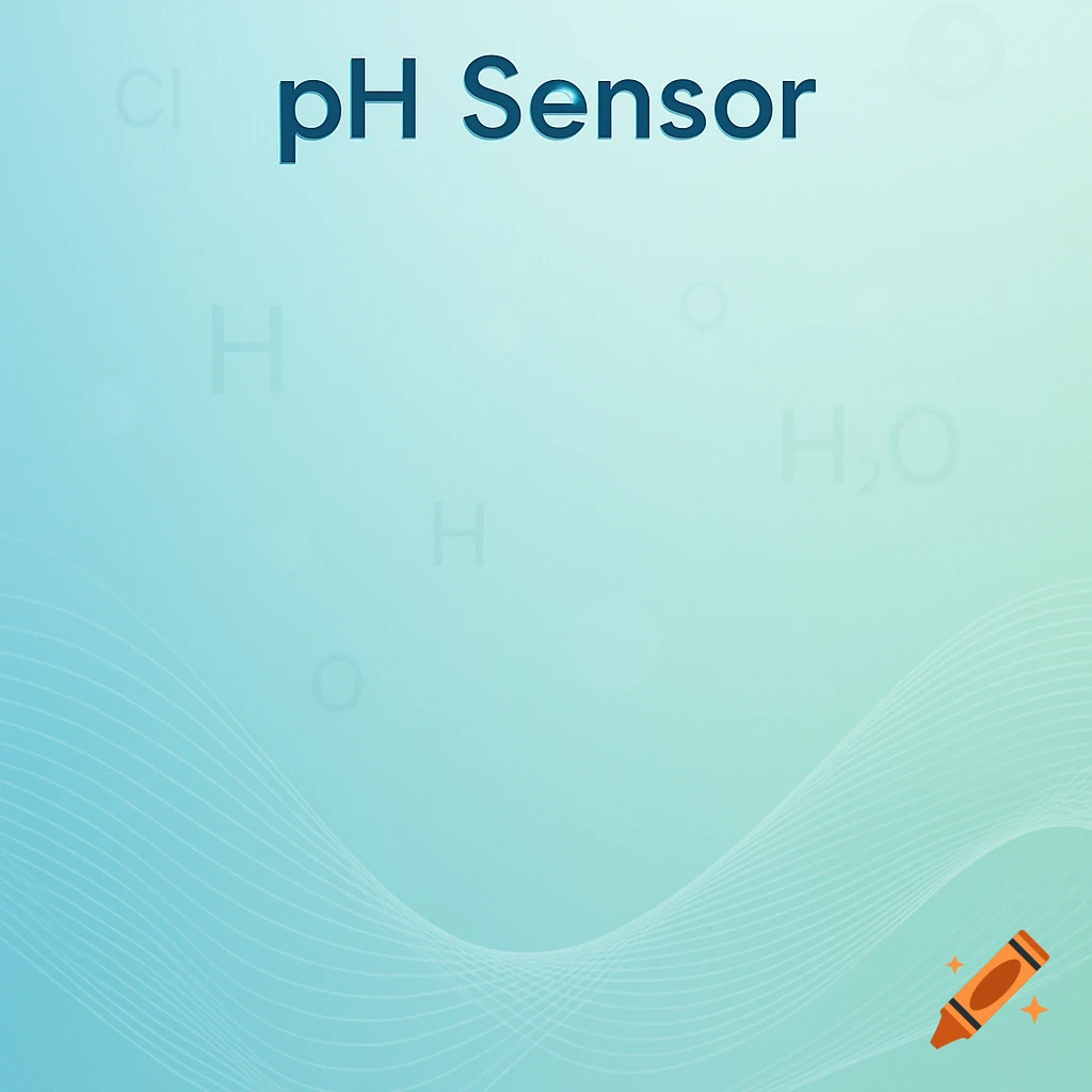 A modern, minimalist science background with 'pH Sensor' in dark blue text, subtle chemical symbols, and abstract white wave lines on a light blue-green gradient.