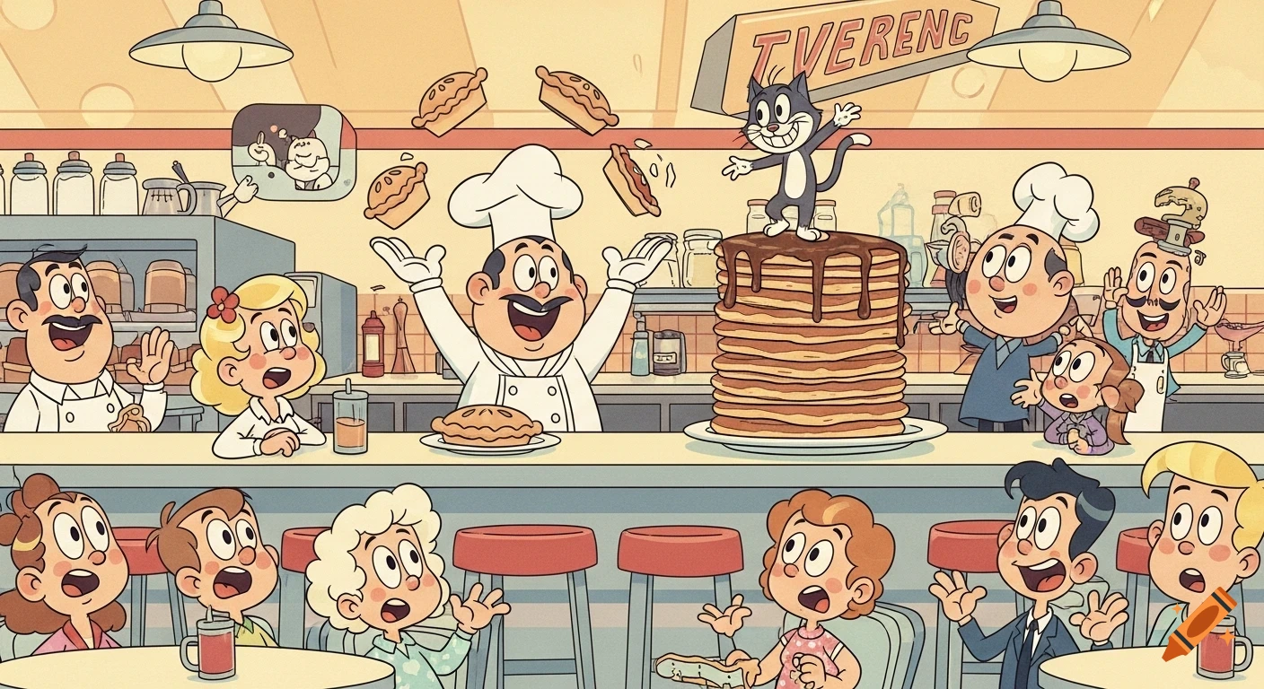 A retro cartoon of a lively diner scene with a chef presenting giant pancakes topped with a cat, while pies float in the air and patrons watch.