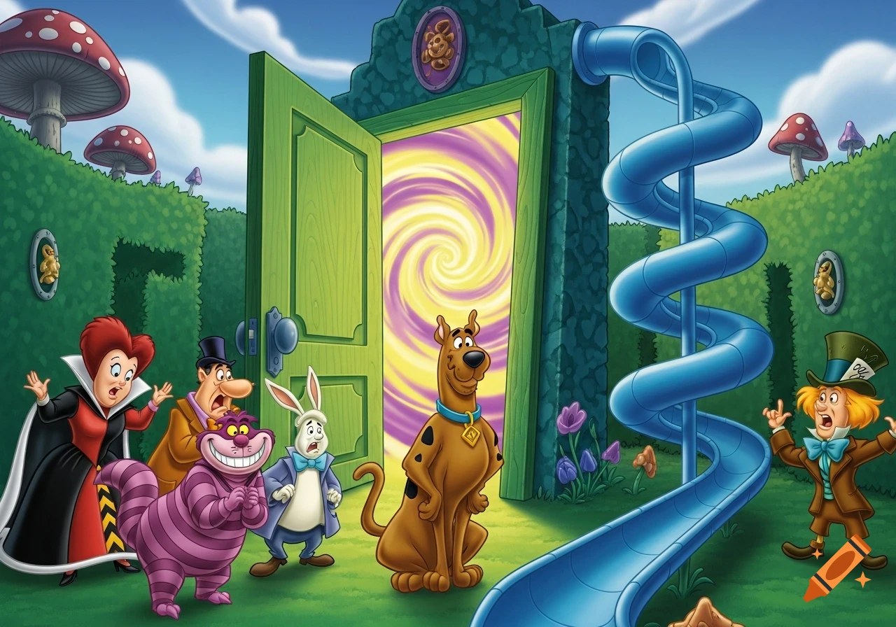 Scooby-Doo with Wonderland characters in a cartoon labyrinth, featuring a spiral door and a blue slide.