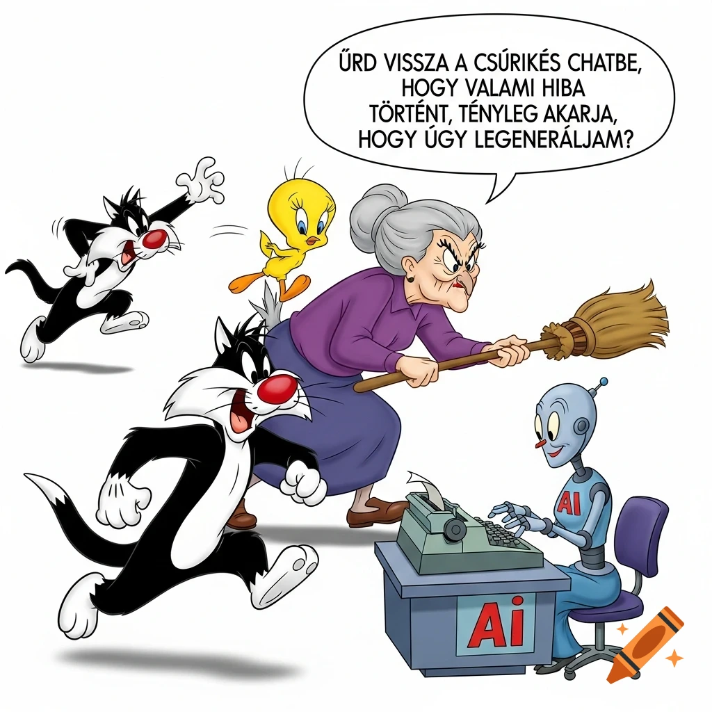 Cartoon of Granny chasing Sylvester the Cat and Tweety Bird with a broom. A robot types at a desk, with text in a speech bubble.