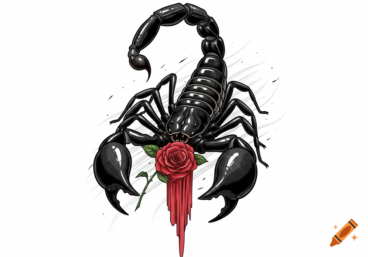 A stylized black scorpion with shiny segments holds a red rose dripping red liquid, on a white background, in a tattoo design style.