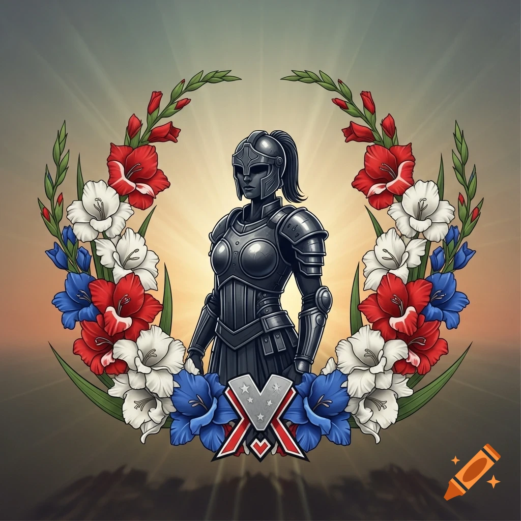 An armored female warrior stands within a wreath of red, white, and blue gladiolas, against a radiant background, with a stylized 'X' emblem at the bottom, in a cartoonish style.