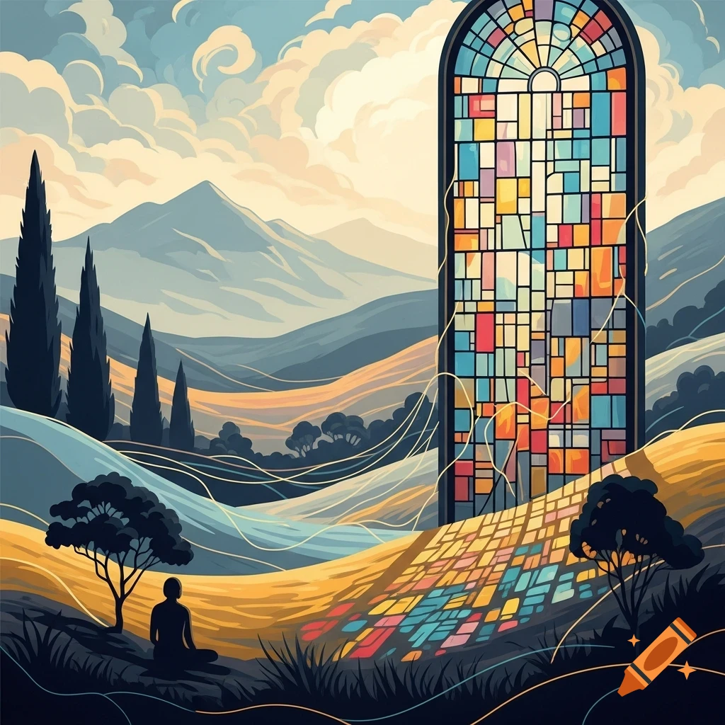 Semi-abstract landscape with a large, colorful stained glass window casting light onto golden hills where a figure meditates, in a dreamlike wax crayon style.