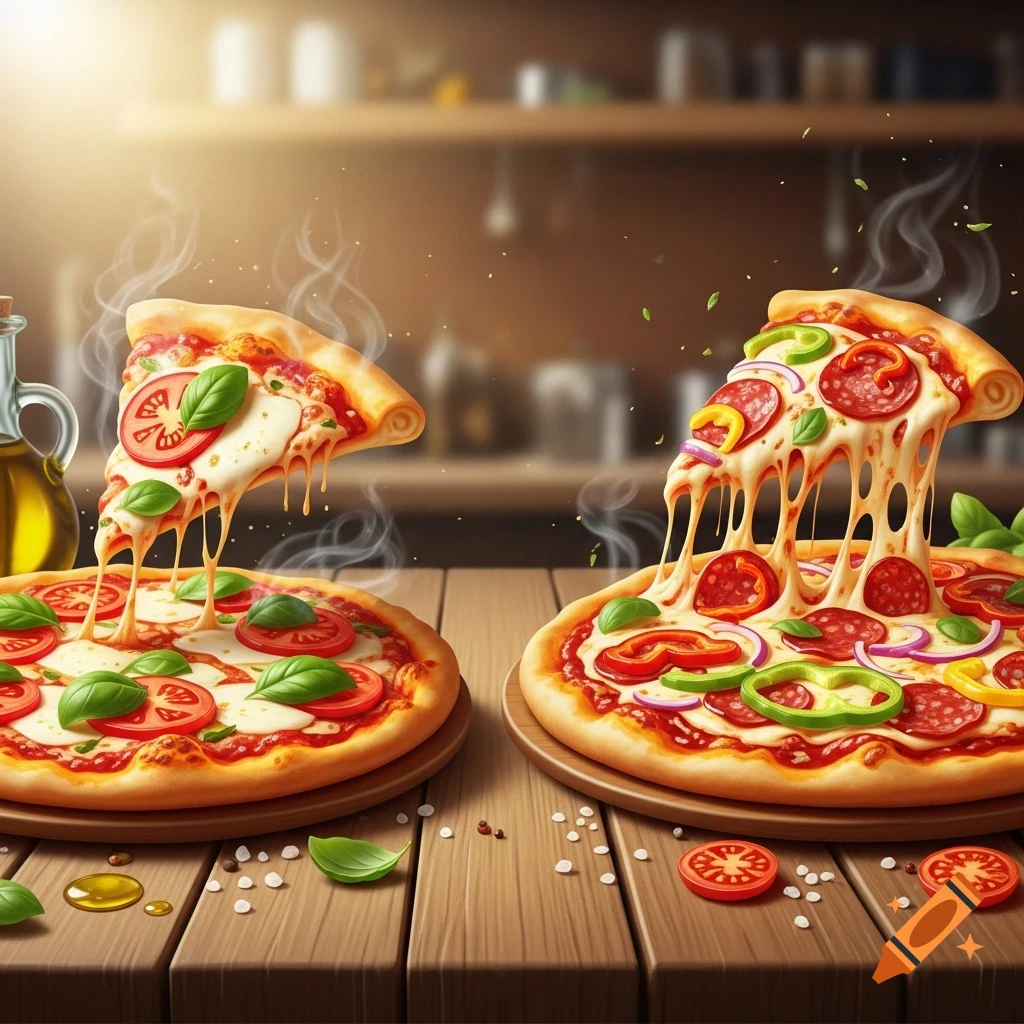 Two steaming pizzas with cheese pulls on a wooden table. One is Margherita, the other pepperoni and bell peppers, both look delicious.