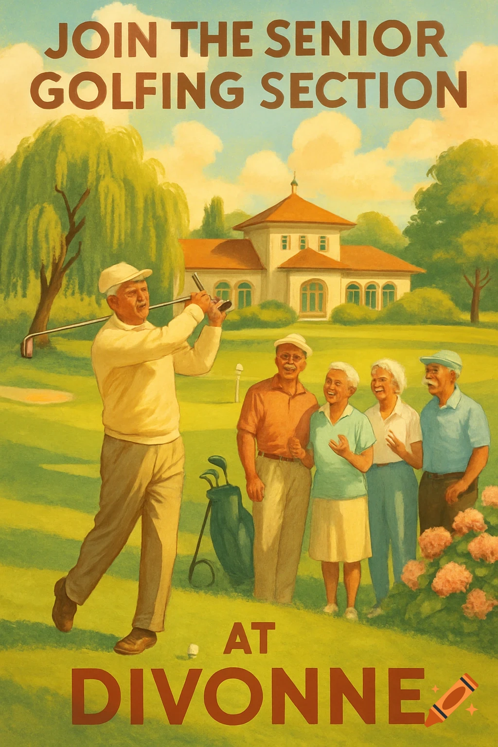 Vintage poster advertising the senior golfing section at Divonne, showing seniors on a golf course with one man swinging a club.